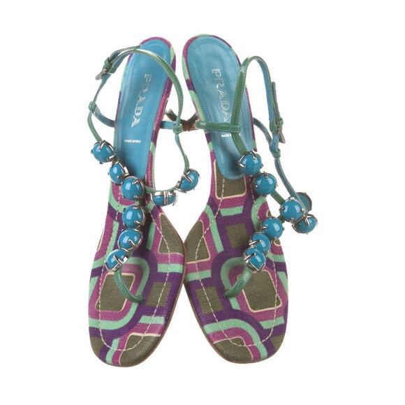 Vintage Prada Sandals T-Strap Kitten Heels Mules Jewel Accents Pattern Y2k 40 - Picture 5 of 6